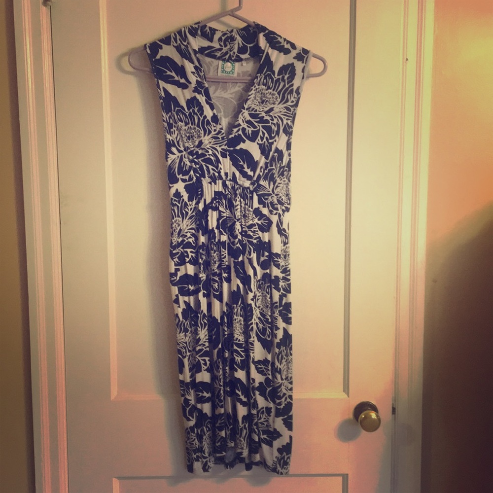 White dress with Navy blue flowers.